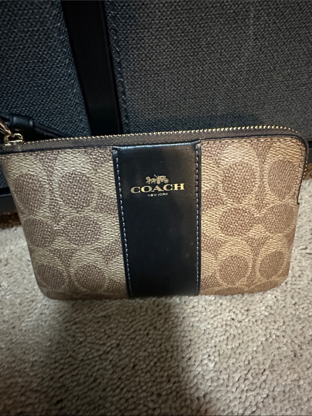 Coach Brown Signature Canvas Wristlet with Black Leather Stripe